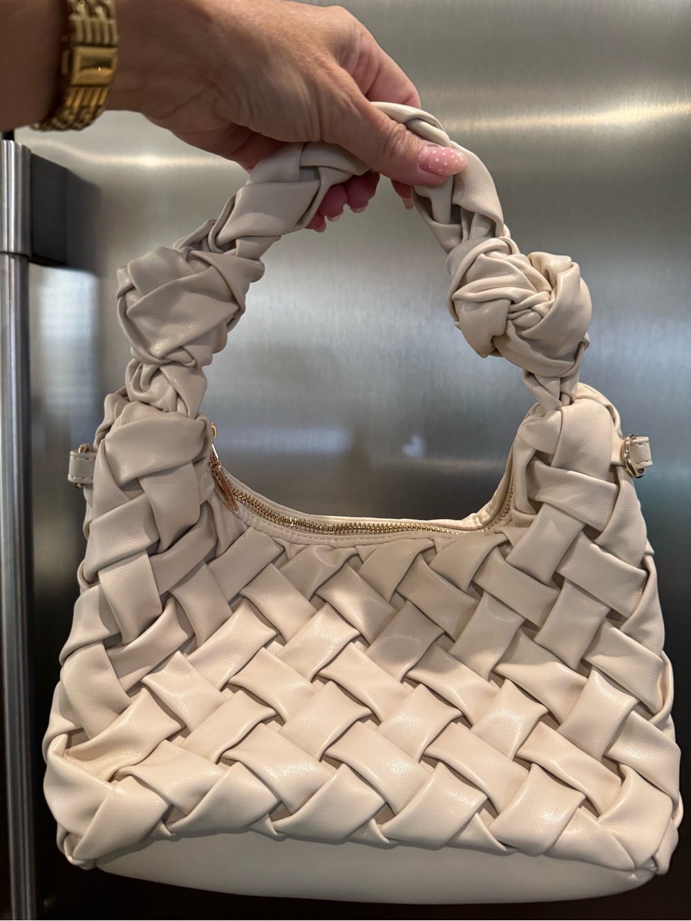 Urban Expressions Cream Woven Knot-Handle Shoulder Bag